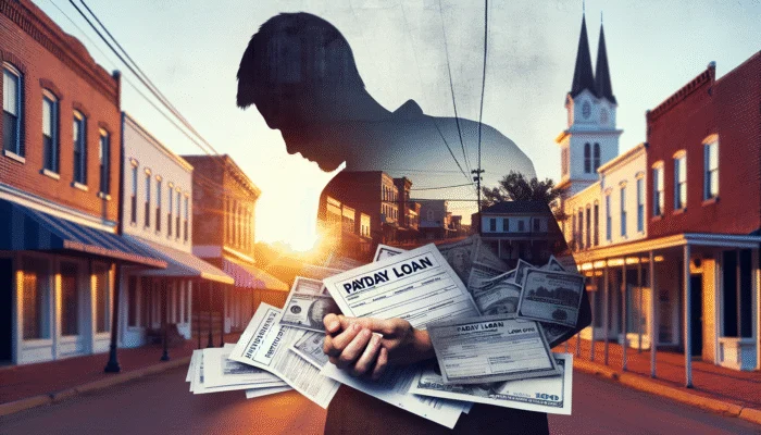 A stressed person in Mississippi with payday loan application amidst financial documents, small town at sunset.