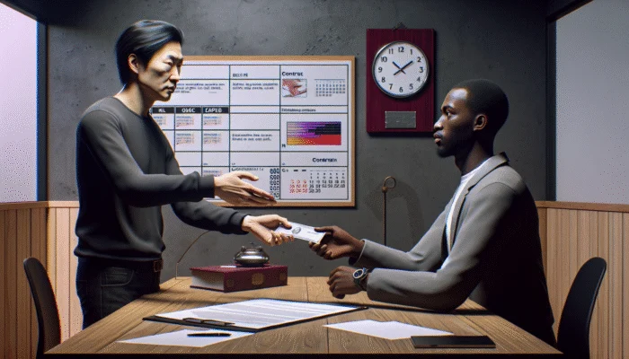 Person signing payday loan contract, handing over post-dated check in tense office setting with urgent calendar and clock.