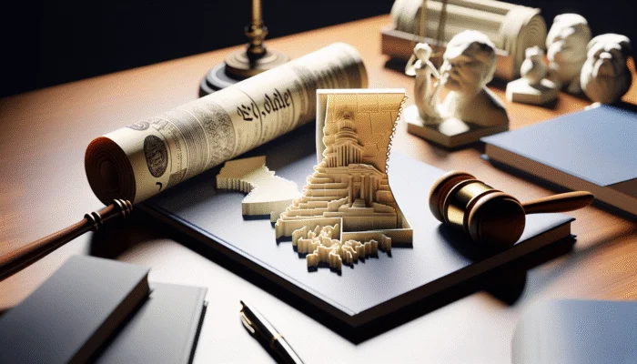 A legal document on a desk with a gavel, surrounded by state maps and financial charts, under focused lighting.