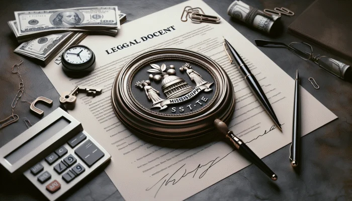Mississippi state seal with clock, money, and pen, symbolizing payday loan regulation urgency and finance.