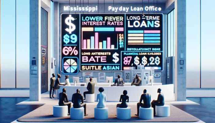A futuristic Mississippi payday loan office in 2025 with signs for lower rates and longer terms, people discussing financial literacy.