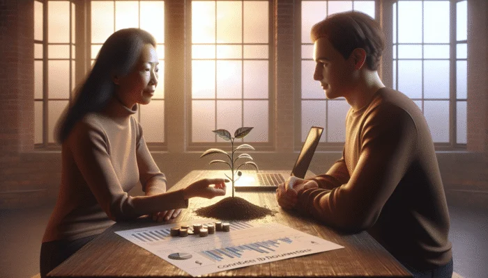 A person receiving financial advice at a community center in Mississippi, with documents and laptop, under warm lighting.