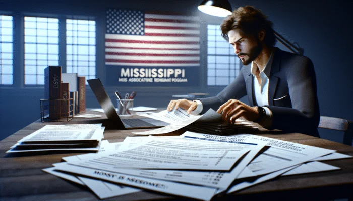 Person in Mississippi organizing documents and researching payday loan assistance on a laptop.
