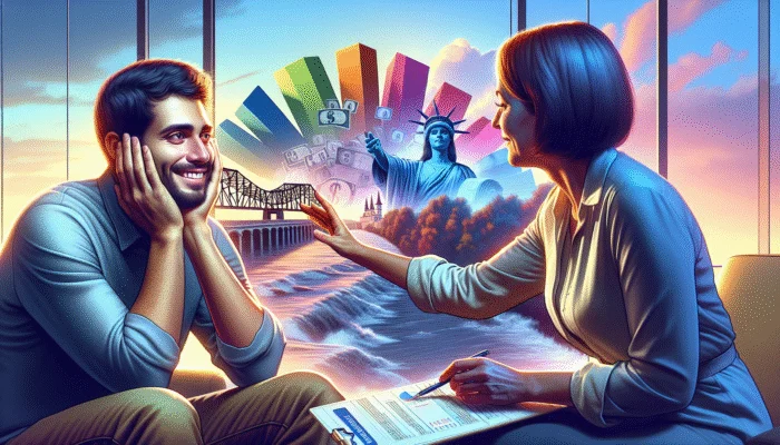 A person receiving financial counseling, looking relieved, with a chart showing debt reduction and Mississippi landscapes in the background.