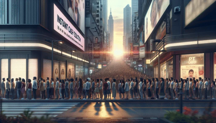Diverse crowd lining up outside a brightly lit payday loan store at dusk, with a billboard advertising quick cash.
