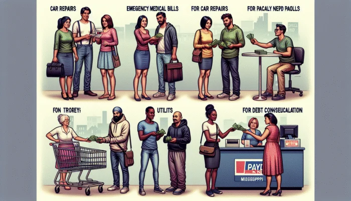 Diverse group in Mississippi using payday loans for emergencies like medical bills, car repairs, and rent.