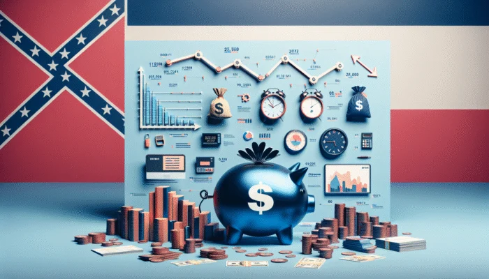 Infographic showing trends in Mississippi payday loan borrower behavior with graphs and expert commentary, Mississippi flag background.