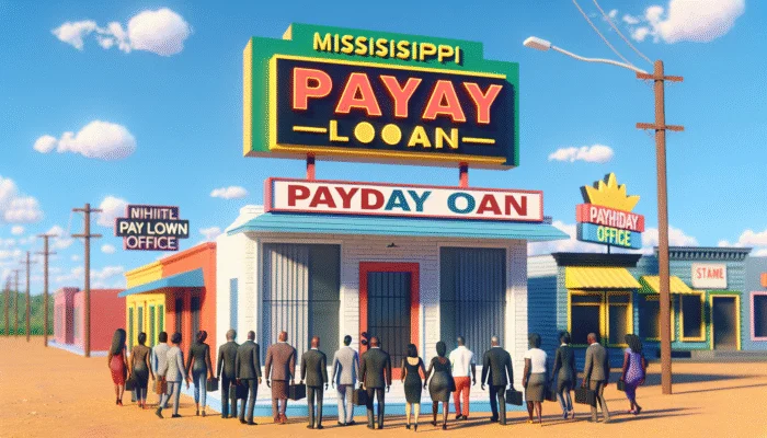 A vibrant Mississippi landscape with a small-town payday loan office and diverse people entering.