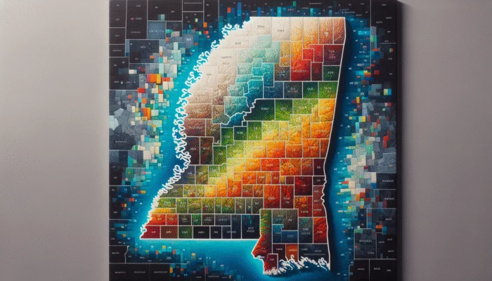 A color-coded map of Mississippi showing varying payday loan limits by county, from $250 to $500.