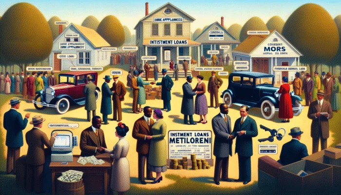 Early 20th-century Mississippi scene with families buying appliances and cars on installment loans, showing economic growth.