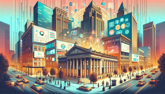 A bustling financial district in Mississippi with a traditional bank, a friendly credit union, and digital billboards for online lending.