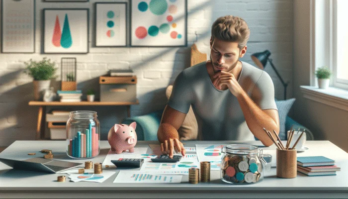 A person planning finances with budget charts and savings goals in a cozy home office.