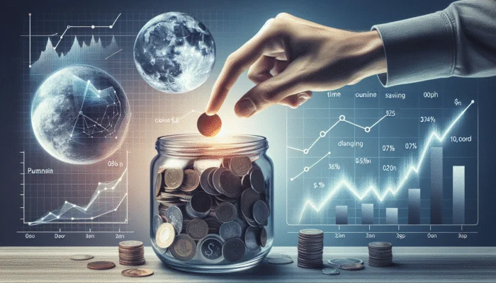 A person adding coins to a jar labeled "Emergency Fund" against a backdrop of financial charts and a three to six-month calendar.