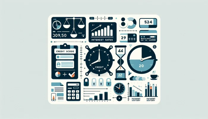 Infographic on credit basics: scores, rates, payment history, with simple icons on white background.