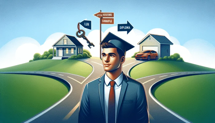 A Mississippi student at a crossroads with paths to a house, car, and diploma, representing good credit benefits.