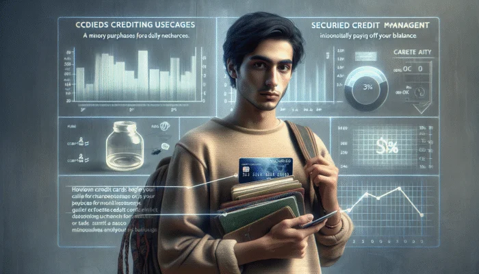 A student using a secured credit card responsibly, with a graph showing low credit utilization.