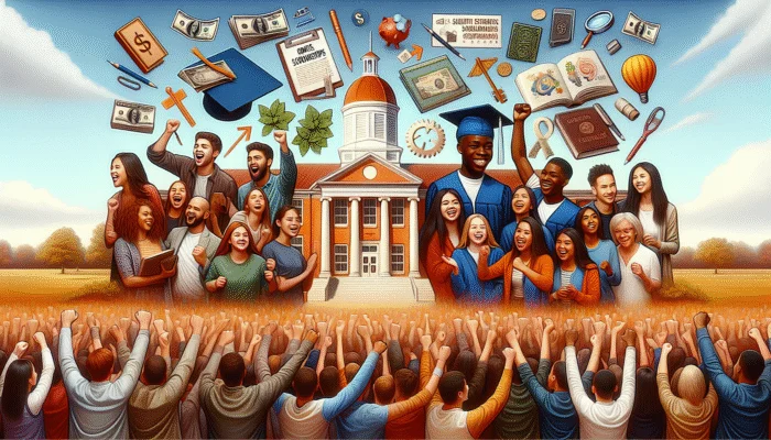 Diverse Mississippi students celebrating with educational symbols under a hopeful sky, receiving financial aid.