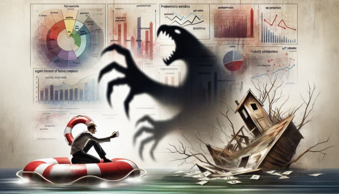 Person surrounded by financial burden symbols, struggling to reach financial recovery.