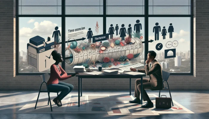Person negotiating loan terms with lender, surrounded by financial documents and calendar, community center visible.