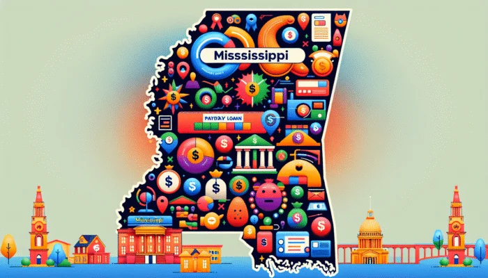 Infographic showing payday loan alternatives in Mississippi with icons for banks, credit unions, and online lenders on a state map.