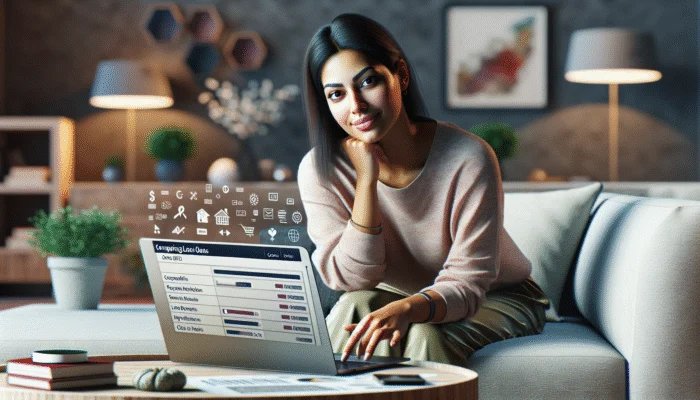 A person at home using a laptop to compare online loan options, feeling ease and satisfaction.