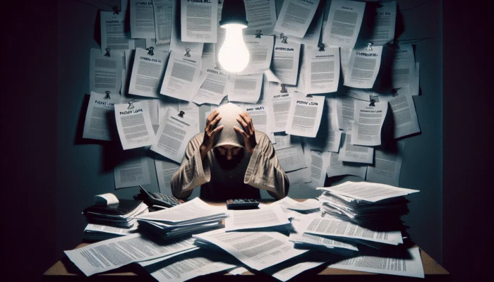 A distressed person in Mississippi at a cluttered desk with overdue bills and a payday loan contract under harsh light.