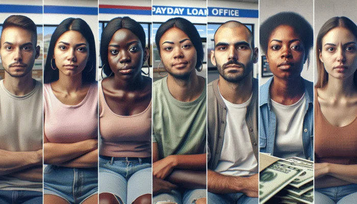 A diverse group of young adults, single parents, and lower to middle-income individuals in Mississippi at a payday loan office.