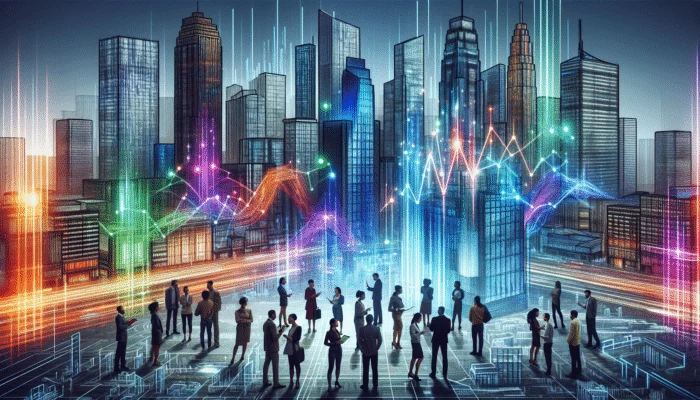 Futuristic Mississippi cityscape with payday loan ads, people discussing finances, and holographic loan trend charts.