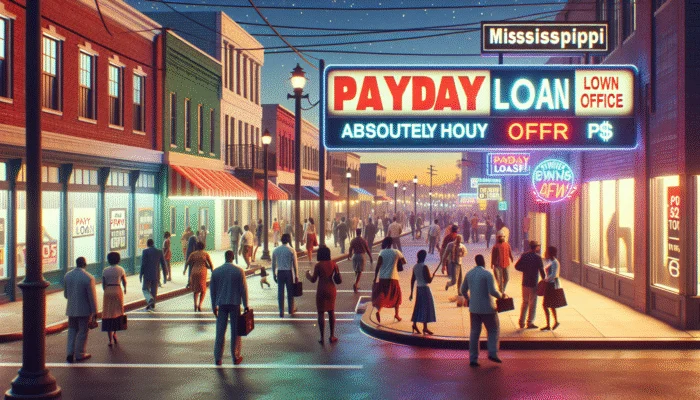 A vibrant payday loan office sign at dusk on a bustling Mississippi street with diverse community members.