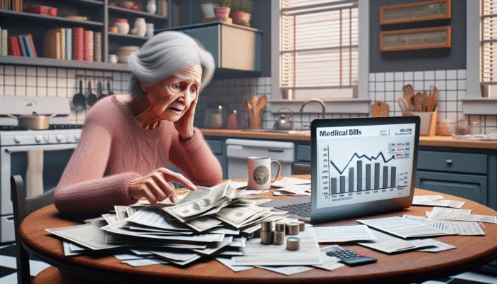 An elderly Mississippi retiree worriedly reviews medical bills at a cluttered kitchen table, with a laptop showing a declining credit score.