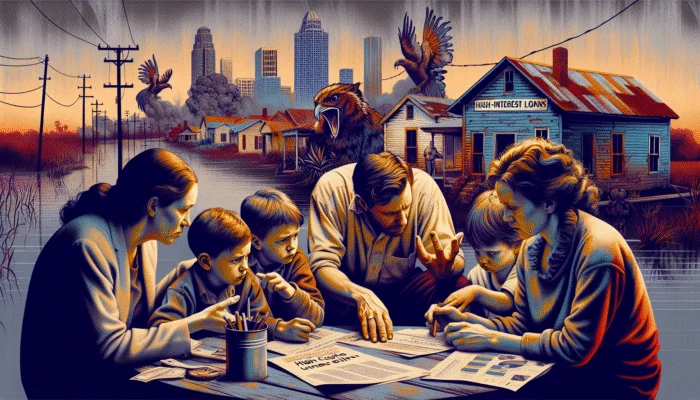 A Mississippi family discusses a high-interest payday loan, surrounded by bills and low-income housing, showing their financial struggle.