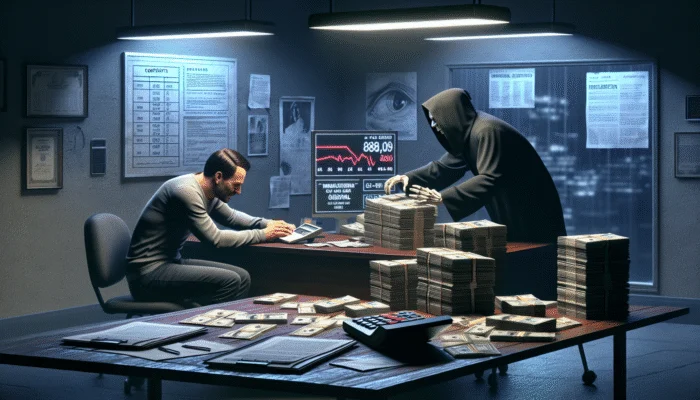 A distressed borrower signs a high-interest loan contract in a dimly lit office, with a looming lender and a calculator showing 572% APR.