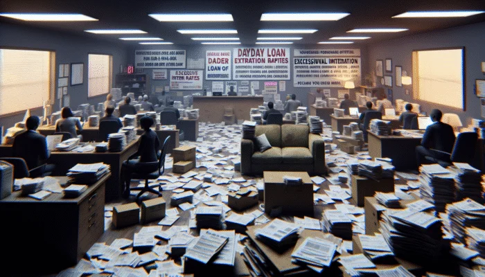 A crowded payday loan office with anxious clients and aggressive high-interest rate signage.