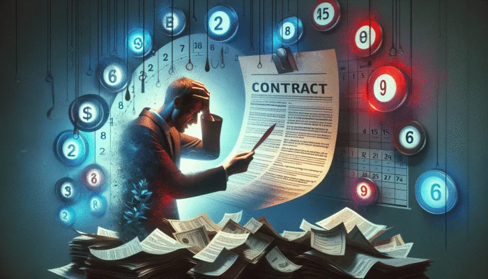Person anxiously reviewing contract under dim light, surrounded by bills and calendar with due dates, illustrating payday loan stress.