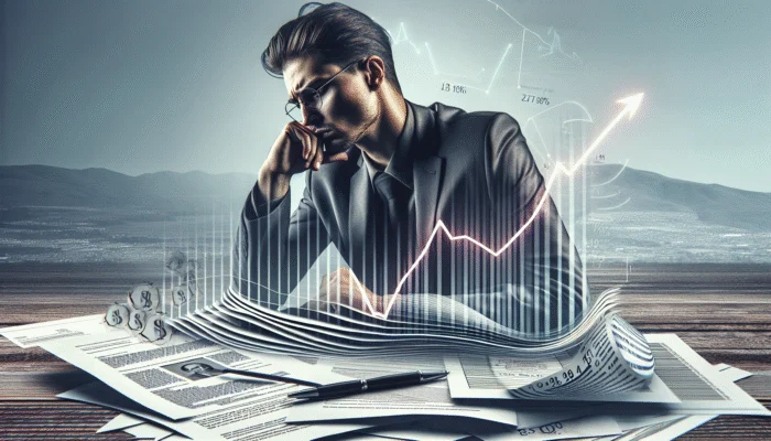 Person overwhelmed by financial stress, surrounded by high-interest loan documents, overdue bills, and a declining credit score graph.