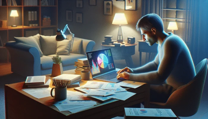 Person at desk with financial documents and laptop showing budget software in home office.