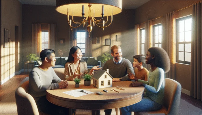 A diverse family discussing and signing loan documents in a cozy, well-lit living room.