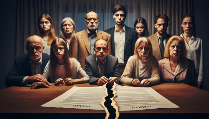 A torn contract dividing a family, showing strained relationships and financial tension in a dimly lit room.