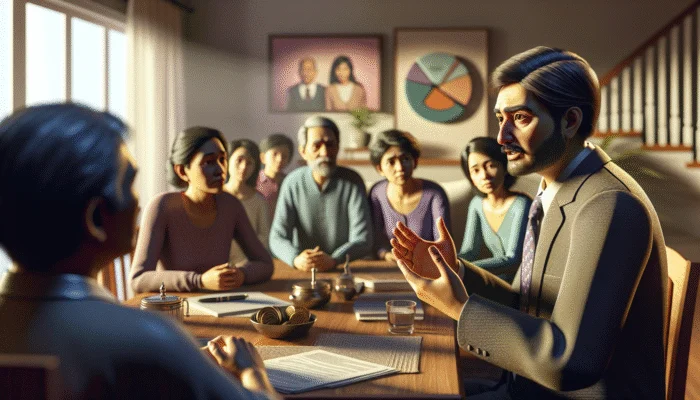 A person showing a detailed financial plan to family at a living room table, with documents and charts.