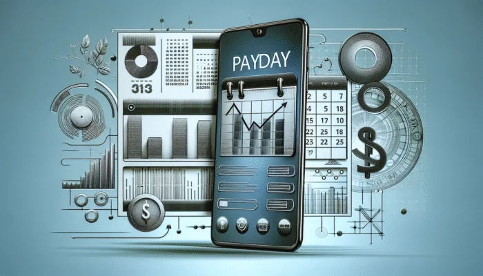 Smartphone with budgeting app icons and payday calendar, financial charts in background, representing loan management.