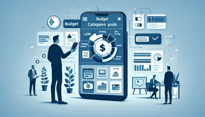 Person using smartphone app to manage finances, showing budget categories and savings goals, symbolizing control over payday loan debt.