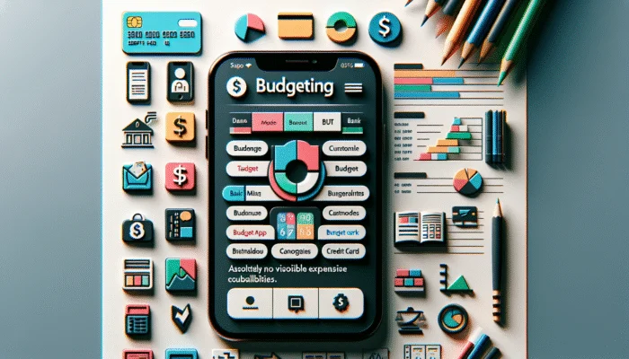 A smartphone showing a budgeting app with real-time graphs, customizable budgets, and bank integration.