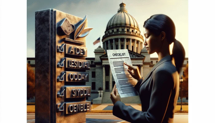 Person reviewing payday loan eligibility checklist with Mississippi state capitol in background.