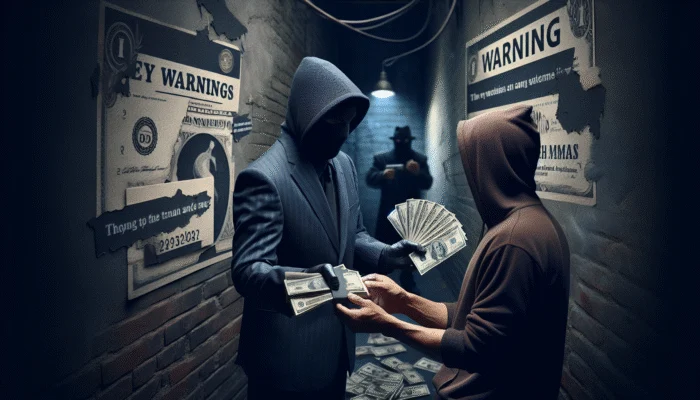 A shadowy figure in a suit giving cash to a desperate person in a dark alley, with warning signs.