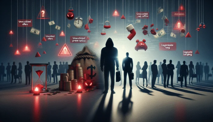 Array of scam indicators: unsolicited offers, upfront fees, pressure tactics around shadowy figure; legitimate lender in background.