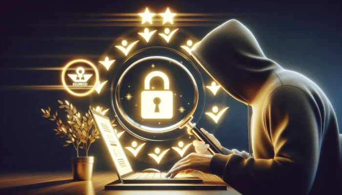 Person using computer to check lender's license on state site, with magnifying glass, review stars, and BBB logo.