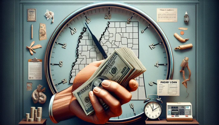 Hand holding cash with Mississippi map background and ticking clock, symbolizing urgent payday loans.