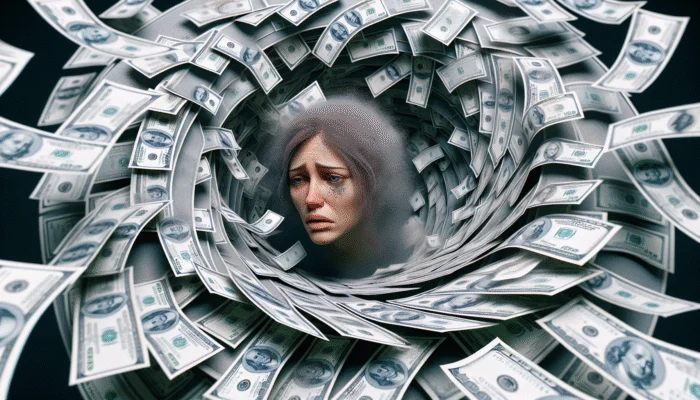A person trapped in a spiraling vortex of cash and IOU notes, showing stress and desperation.