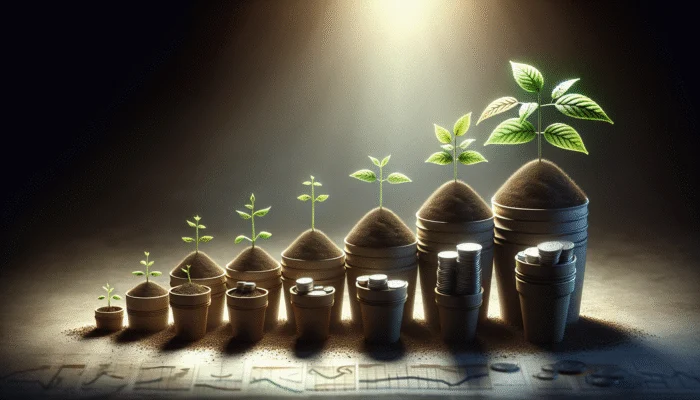 A seedling in a small pot labeled "Start Small" amidst larger pots labeled "Save Consistently," showing growth.