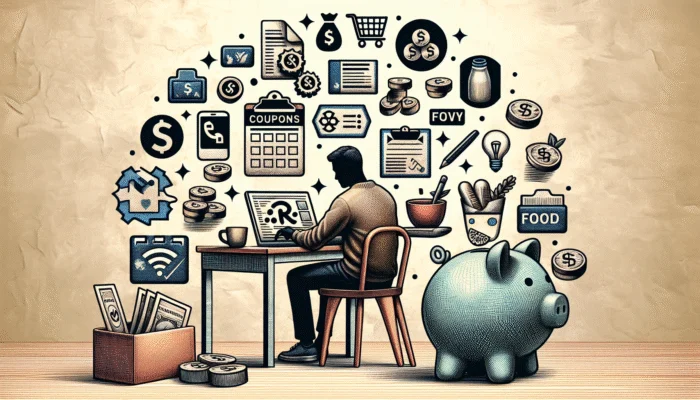 Person reviewing budget on laptop with coupons, grocery list, streaming service logo, and emergency fund piggy bank.